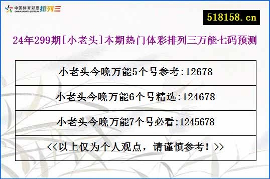 24年299期[小老头]本期热门体彩排列三万能七码预测