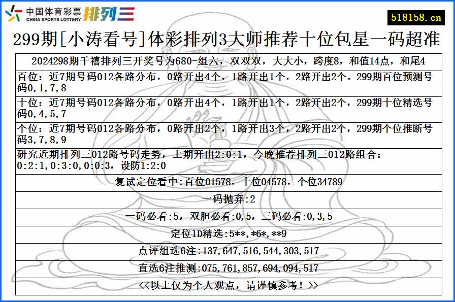 299期[小涛看号]体彩排列3大师推荐十位包星一码超准