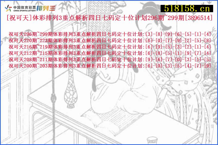 [祝可天]体彩排列3重点解析四日七码定十位计划296期~299期[3896514]