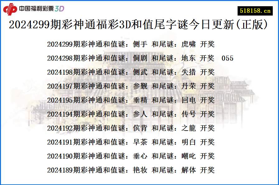 2024299期彩神通福彩3D和值尾字谜今日更新(正版)