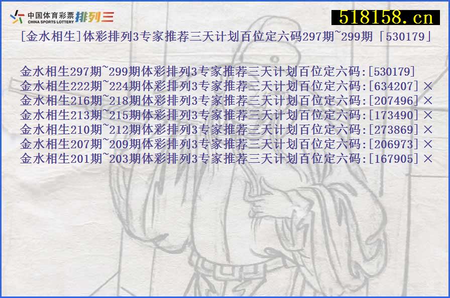 [金水相生]体彩排列3专家推荐三天计划百位定六码297期~299期「530179」