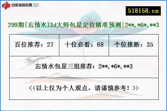 299期[忘情水]3d大师包星定位精准预测|2**,*6*,**3