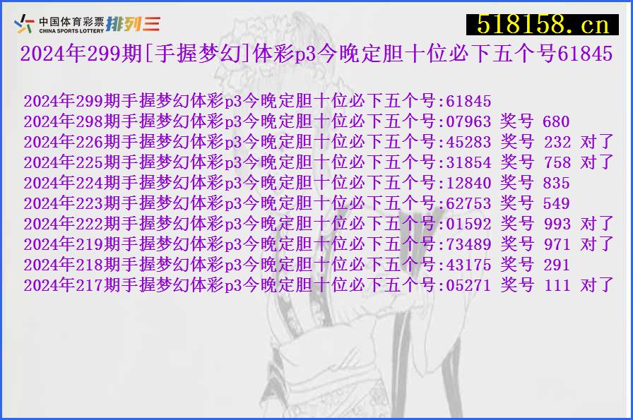 2024年299期[手握梦幻]体彩p3今晚定胆十位必下五个号61845