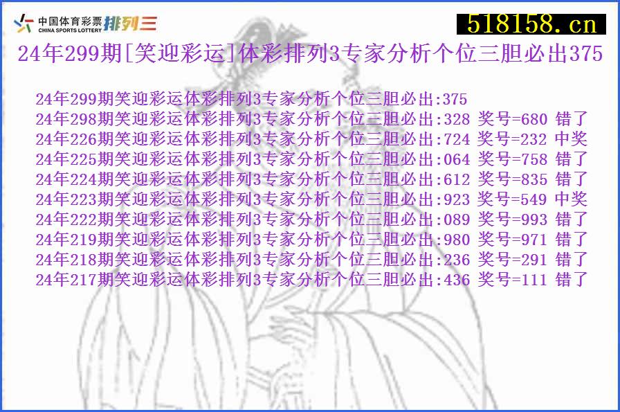 24年299期[笑迎彩运]体彩排列3专家分析个位三胆必出375