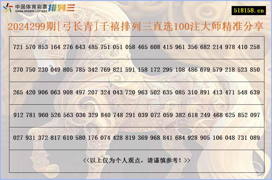 2024299期[弓长青]千禧排列三直选100注大师精准分享