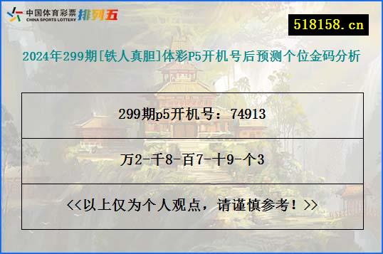 2024年299期[铁人真胆]体彩P5开机号后预测个位金码分析