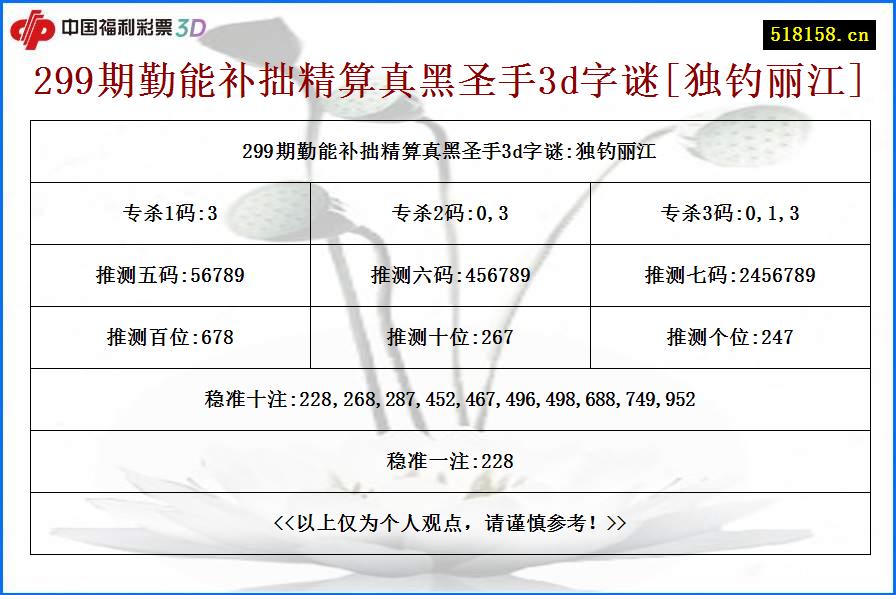 299期勤能补拙精算真黑圣手3d字谜[独钓丽江]