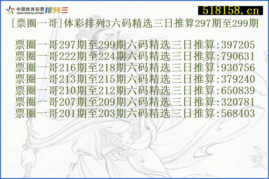 [票圈一哥]体彩排列3六码精选三日推算297期至299期