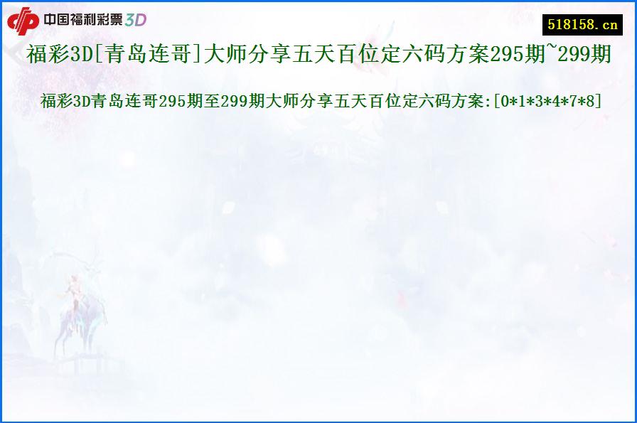 福彩3D[青岛连哥]大师分享五天百位定六码方案295期~299期