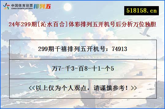 24年299期[沁水百合]体彩排列五开机号后分析万位独胆