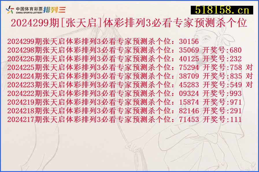 2024299期[张天启]体彩排列3必看专家预测杀个位