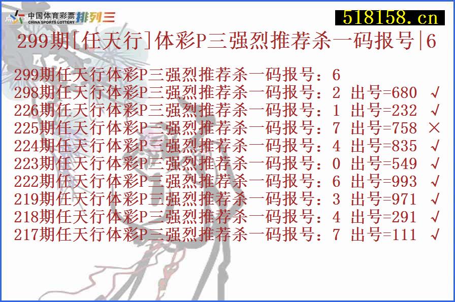 299期[任天行]体彩P三强烈推荐杀一码报号|6