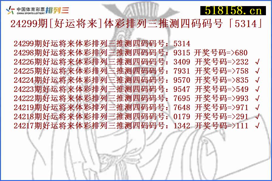 24299期[好运将来]体彩排列三推测四码码号「5314」