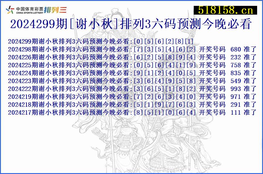 2024299期[谢小秋]排列3六码预测今晚必看