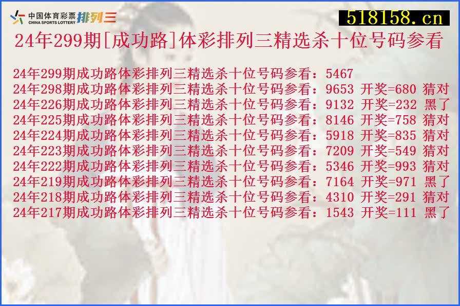 24年299期[成功路]体彩排列三精选杀十位号码参看