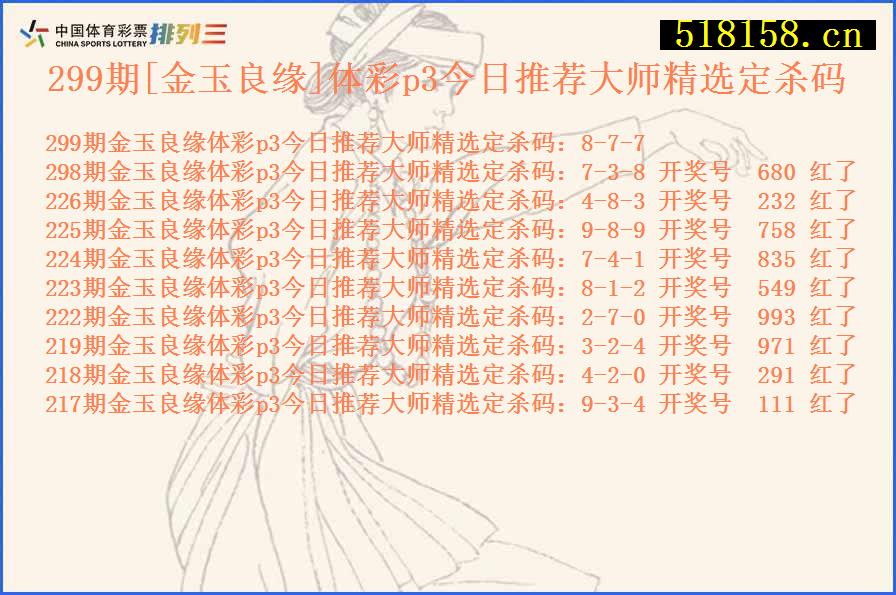 299期[金玉良缘]体彩p3今日推荐大师精选定杀码