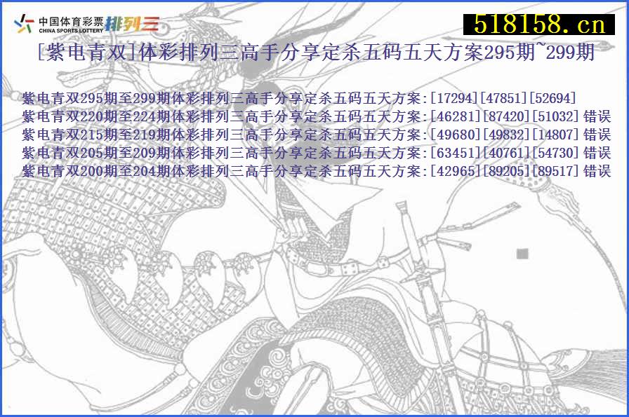 [紫电青双]体彩排列三高手分享定杀五码五天方案295期~299期