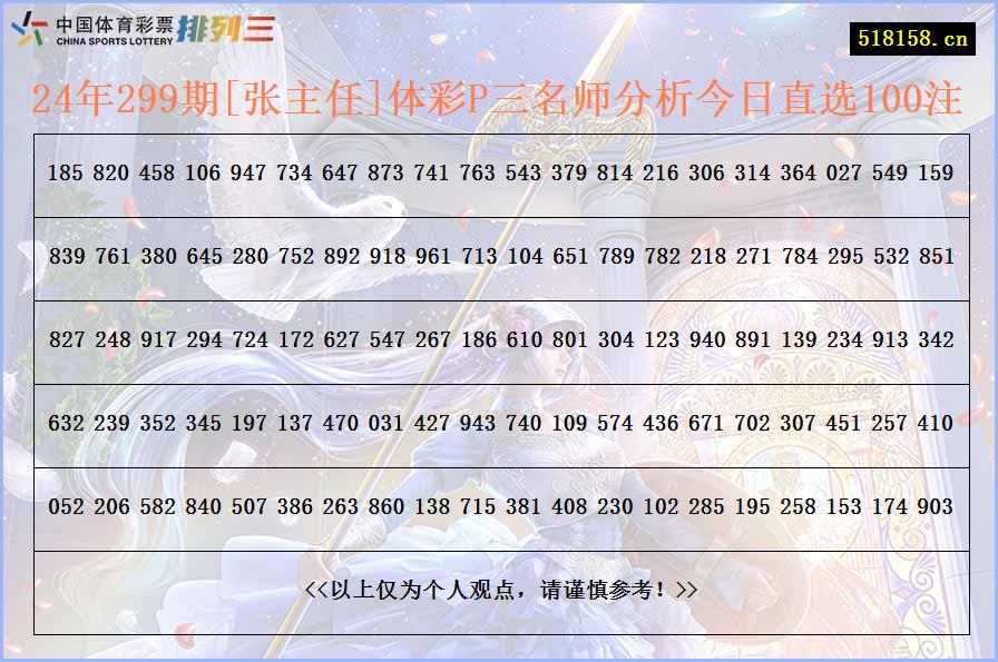 24年299期[张主任]体彩P三名师分析今日直选100注