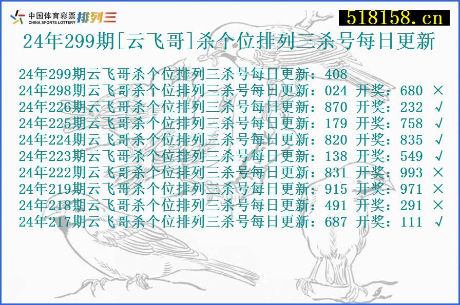 24年299期[云飞哥]杀个位排列三杀号每日更新