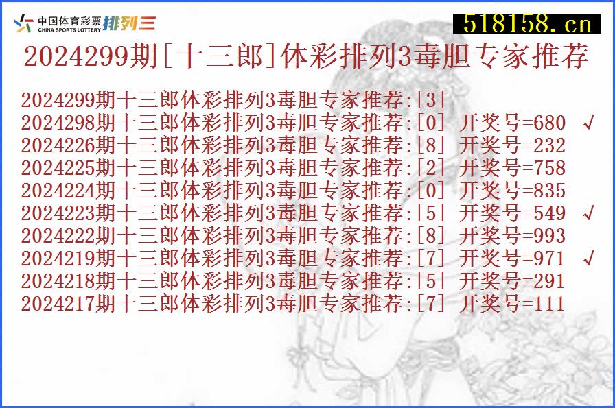 2024299期[十三郎]体彩排列3毒胆专家推荐