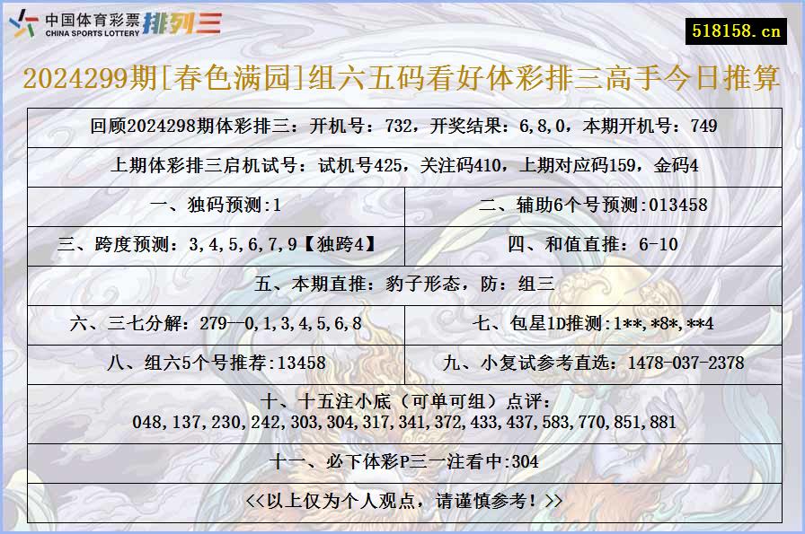 2024299期[春色满园]组六五码看好体彩排三高手今日推算