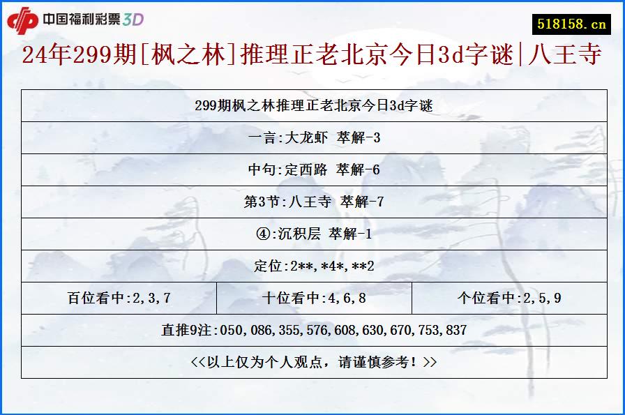 24年299期[枫之林]推理正老北京今日3d字谜|八王寺