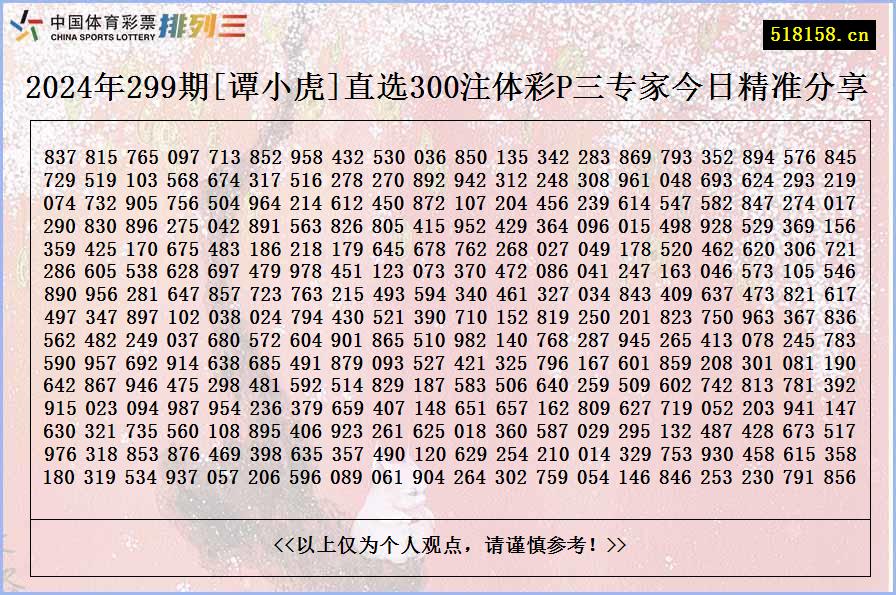 2024年299期[谭小虎]直选300注体彩P三专家今日精准分享