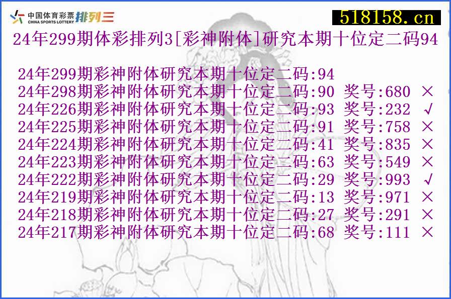 24年299期体彩排列3[彩神附体]研究本期十位定二码94