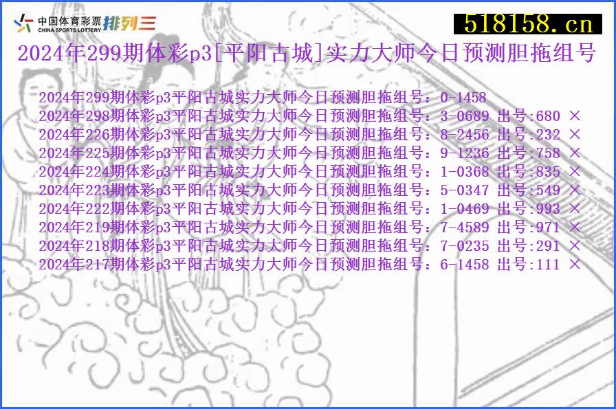 2024年299期体彩p3[平阳古城]实力大师今日预测胆拖组号