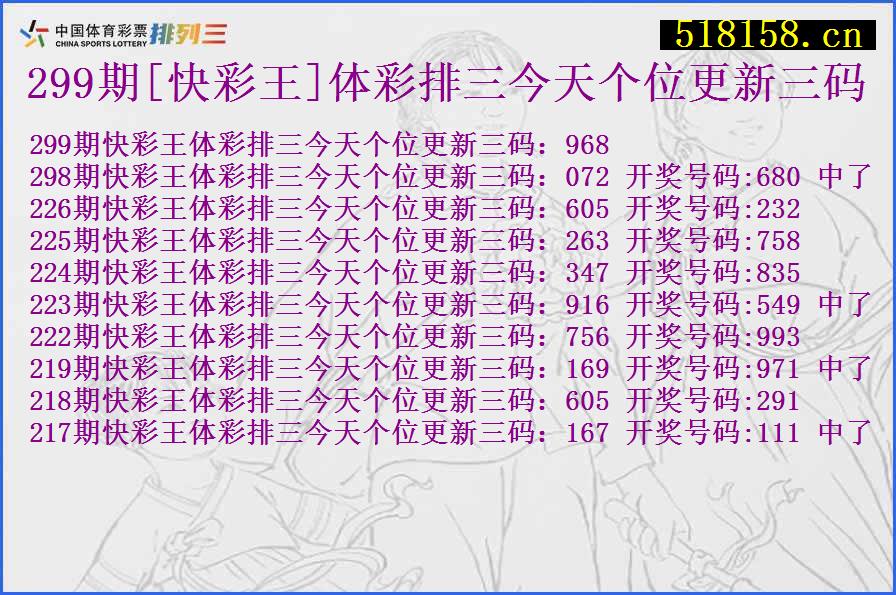 299期[快彩王]体彩排三今天个位更新三码