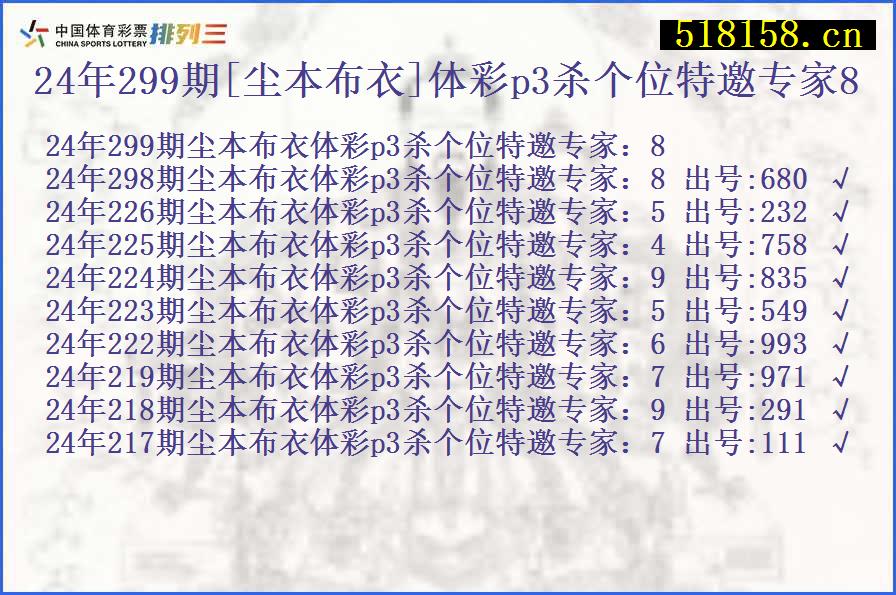 24年299期[尘本布衣]体彩p3杀个位特邀专家8