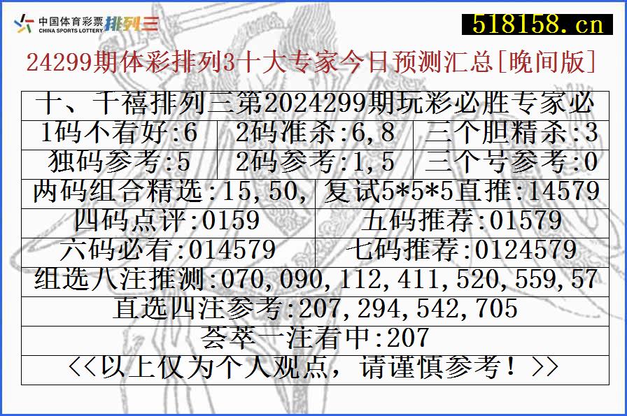 十、千禧排列三第2024299期玩彩必胜专家必看号码