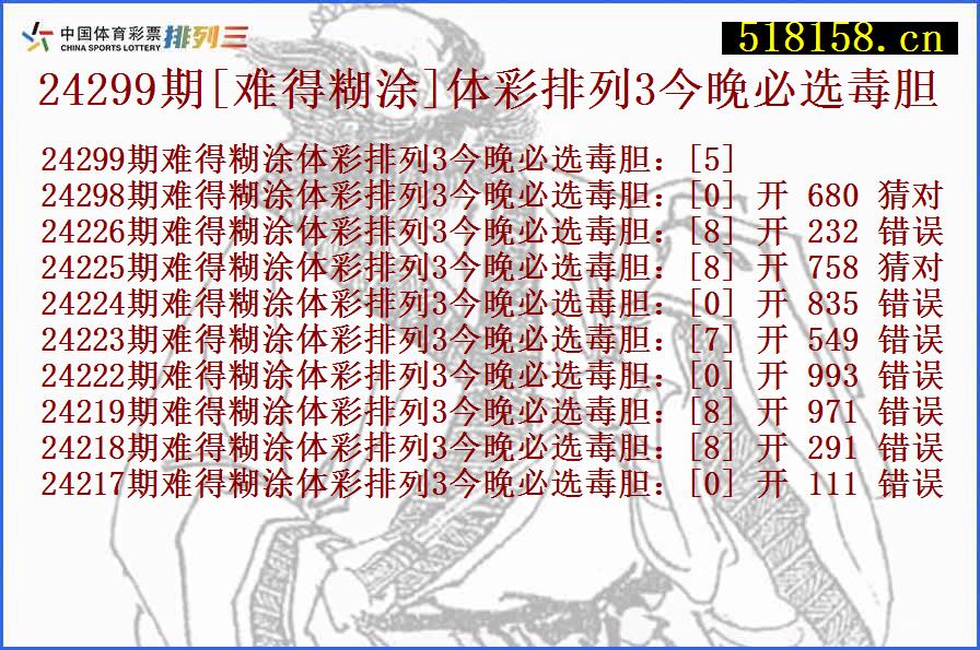 24299期[难得糊涂]体彩排列3今晚必选毒胆