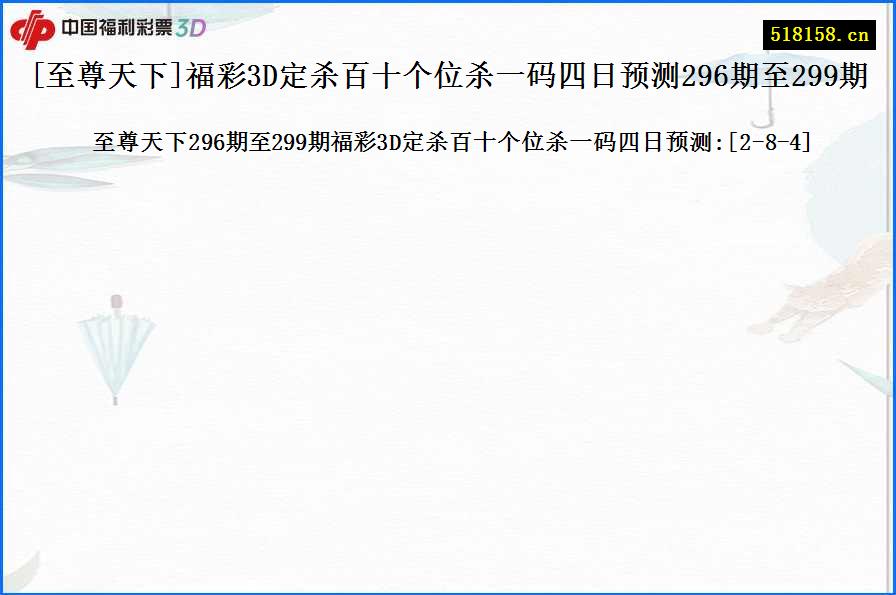 [至尊天下]福彩3D定杀百十个位杀一码四日预测296期至299期