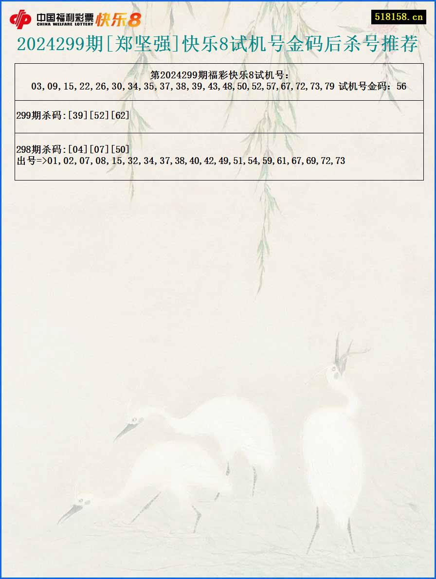 2024299期[郑坚强]快乐8试机号金码后杀号推荐