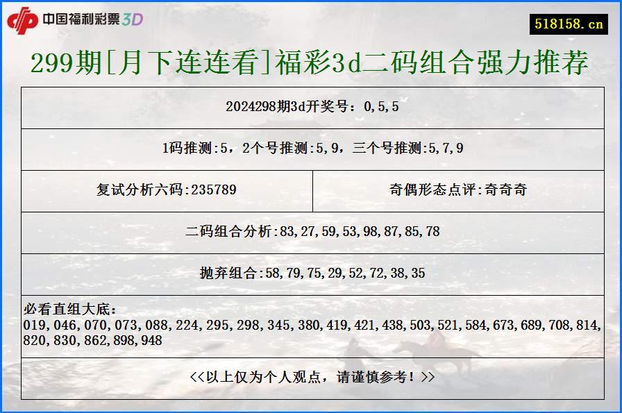 299期[月下连连看]福彩3d二码组合强力推荐