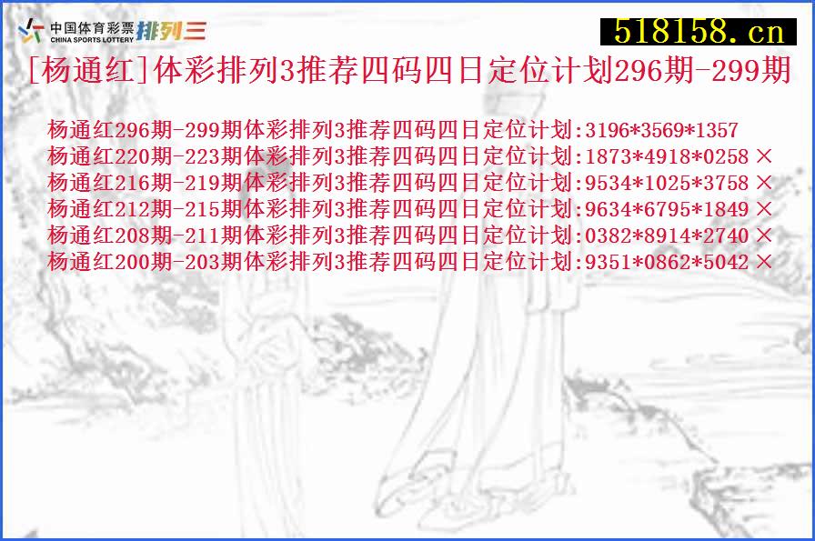 [杨通红]体彩排列3推荐四码四日定位计划296期-299期