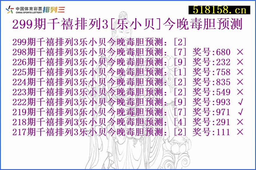 299期千禧排列3[乐小贝]今晚毒胆预测