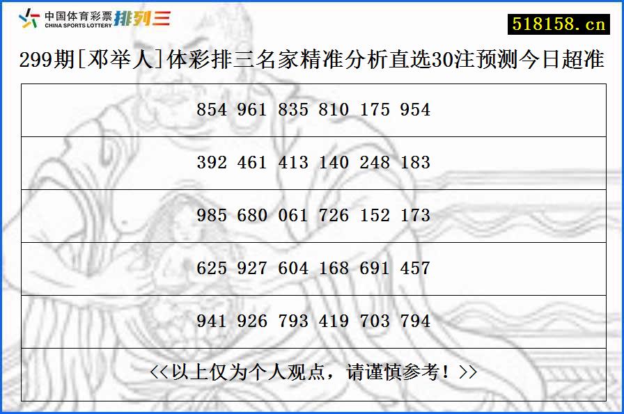 299期[邓举人]体彩排三名家精准分析直选30注预测今日超准