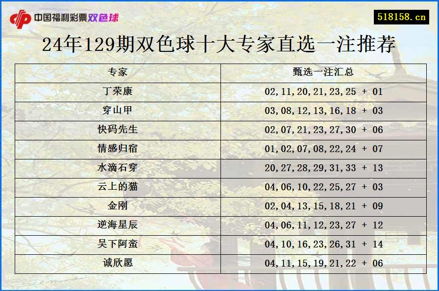 24年129期双色球十大专家直选一注推荐