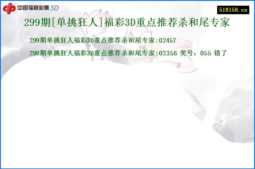 299期[单挑狂人]福彩3D重点推荐杀和尾专家