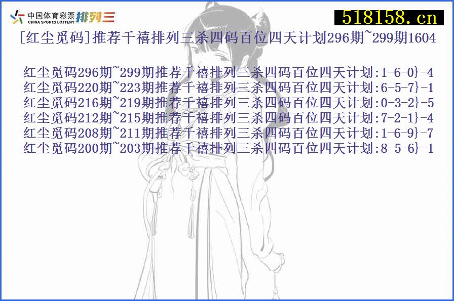 [红尘觅码]推荐千禧排列三杀四码百位四天计划296期~299期1604