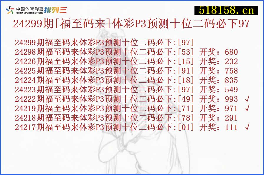 24299期[福至码来]体彩P3预测十位二码必下97