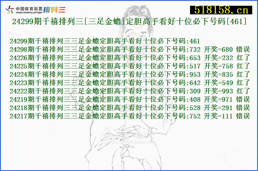 24299期千禧排列三[三足金蟾]定胆高手看好十位必下号码[461]