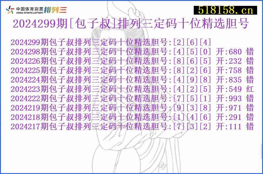 2024299期[包子叔]排列三定码十位精选胆号