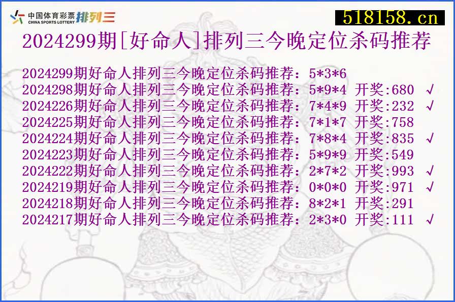 2024299期[好命人]排列三今晚定位杀码推荐