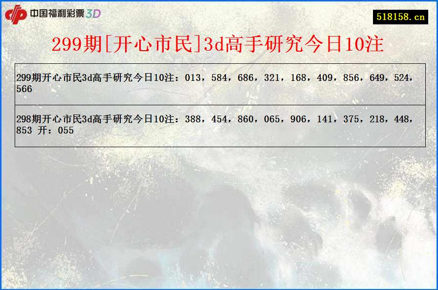 299期[开心市民]3d高手研究今日10注