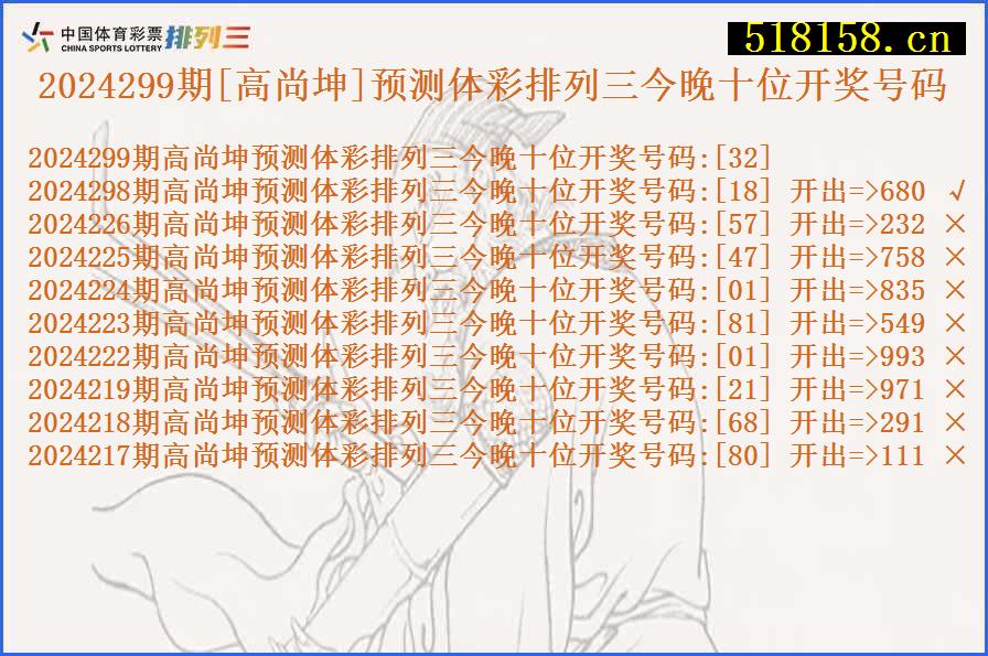 2024299期[高尚坤]预测体彩排列三今晚十位开奖号码