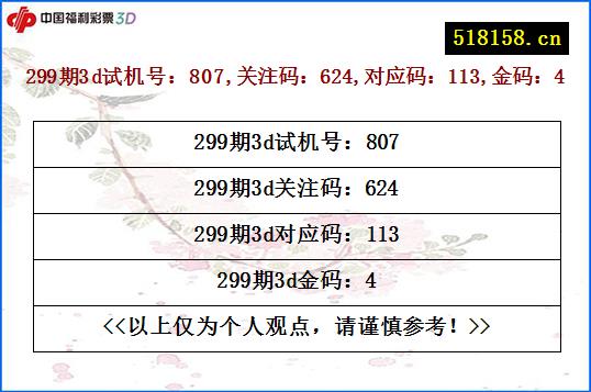 299期3d试机号：807,关注码：624,对应码：113,金码：4