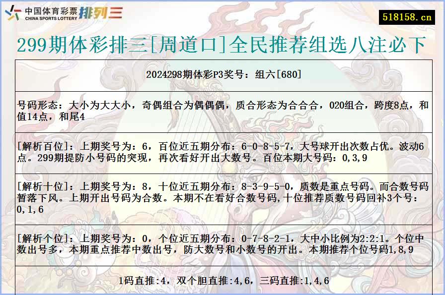 299期体彩排三[周道口]全民推荐组选八注必下